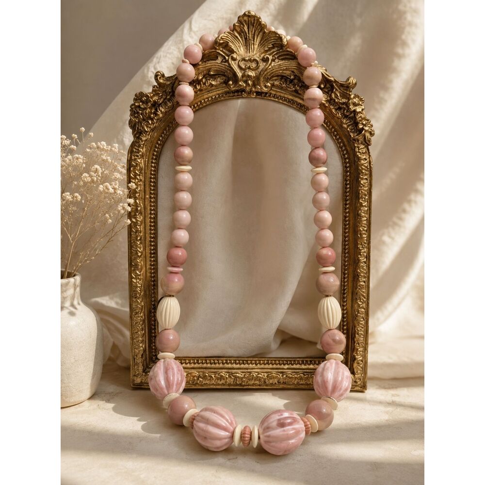Vintage 1988 Pink Beaded Statement Necklace Mod Romantic Chunky Retro Jewelry